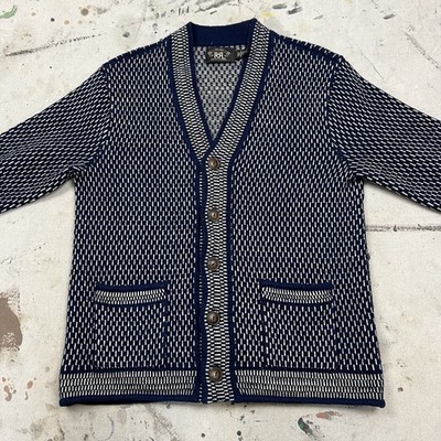 RRL Ralph Lauren Indigo Jacquard Wool Blend V Neck Cardigan
