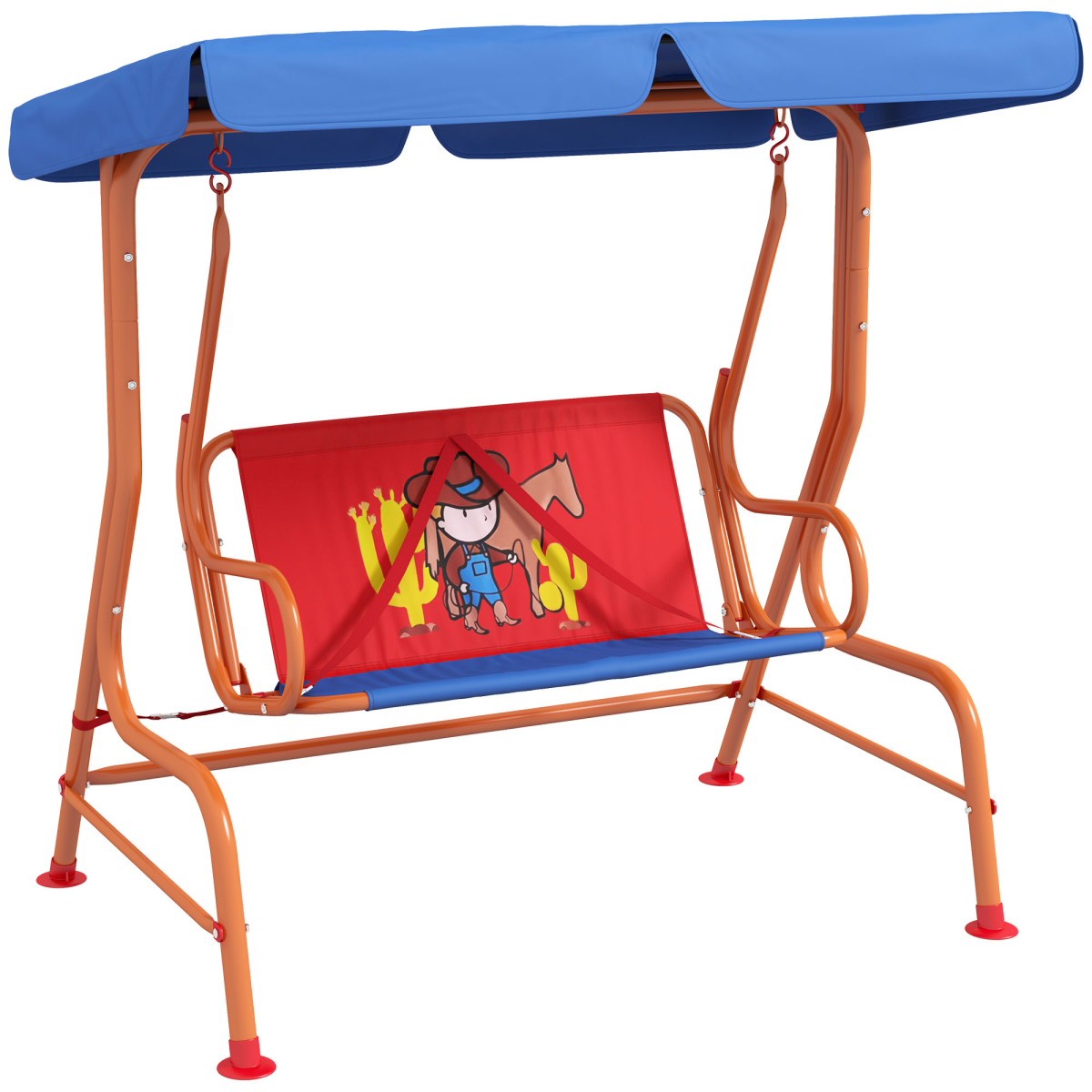 Outsunny 2 Seater Kids Swing Chair Cowboy Themed with Adjustable Canopy