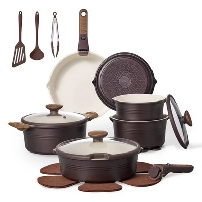 Carote 24pc Ceramic Nonstick Cookware Set with Detachable Handle Brown