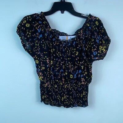 Self Esteem Juniors S Black Printed Short Sleeve Off the Shoulder Top NWT AN86