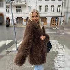 Brown Womens Real Fox Fur Coat Lapel Winter Warm Jacket Full Pelt Fur Overcoat