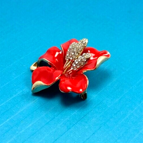 Gold Tone & Red Enamel With Rhinestones Flower Brooch Contemporary - Picture 4 of 6