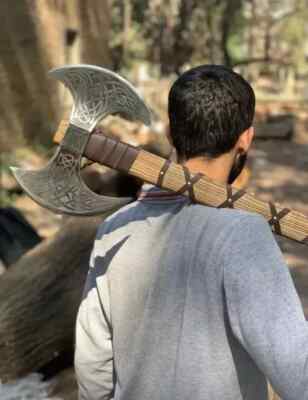 Handgefertig Doppelkopf VIKING AXE Axt Carbon Stahl mit Scheide Wikinger Engrave