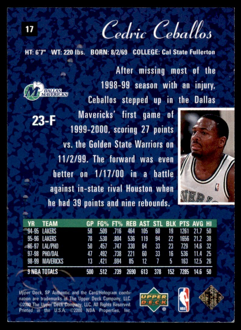 1999-00 SP Authentic Cedric Ceballos Dallas Mavericks #17 | eBay