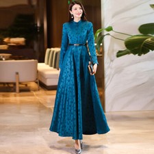 Fashion Long Sleeve Dress Stand Collar Womens Floral Print Big Swing Maxi Spring