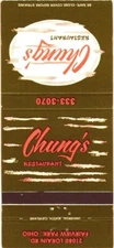 Fairview Park Ohio New Chung's Restaurant Vintage Matchbook Cover