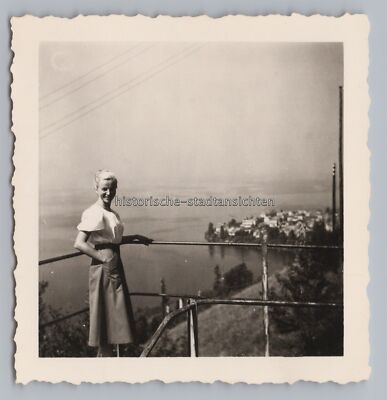 Montreux Switzerland 1953 - Blonde Woman at Viewpoint - Old Photo 1950s