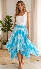 Boho Handkerchief Maxi Skirt Blue White Smocked Fairy Festival Beach Flowy M NEW