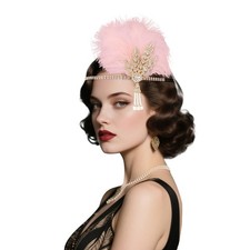 1920s Flapper Headpiece Great Gatsby Feather Headband Costume Pink Gold Rhinest
