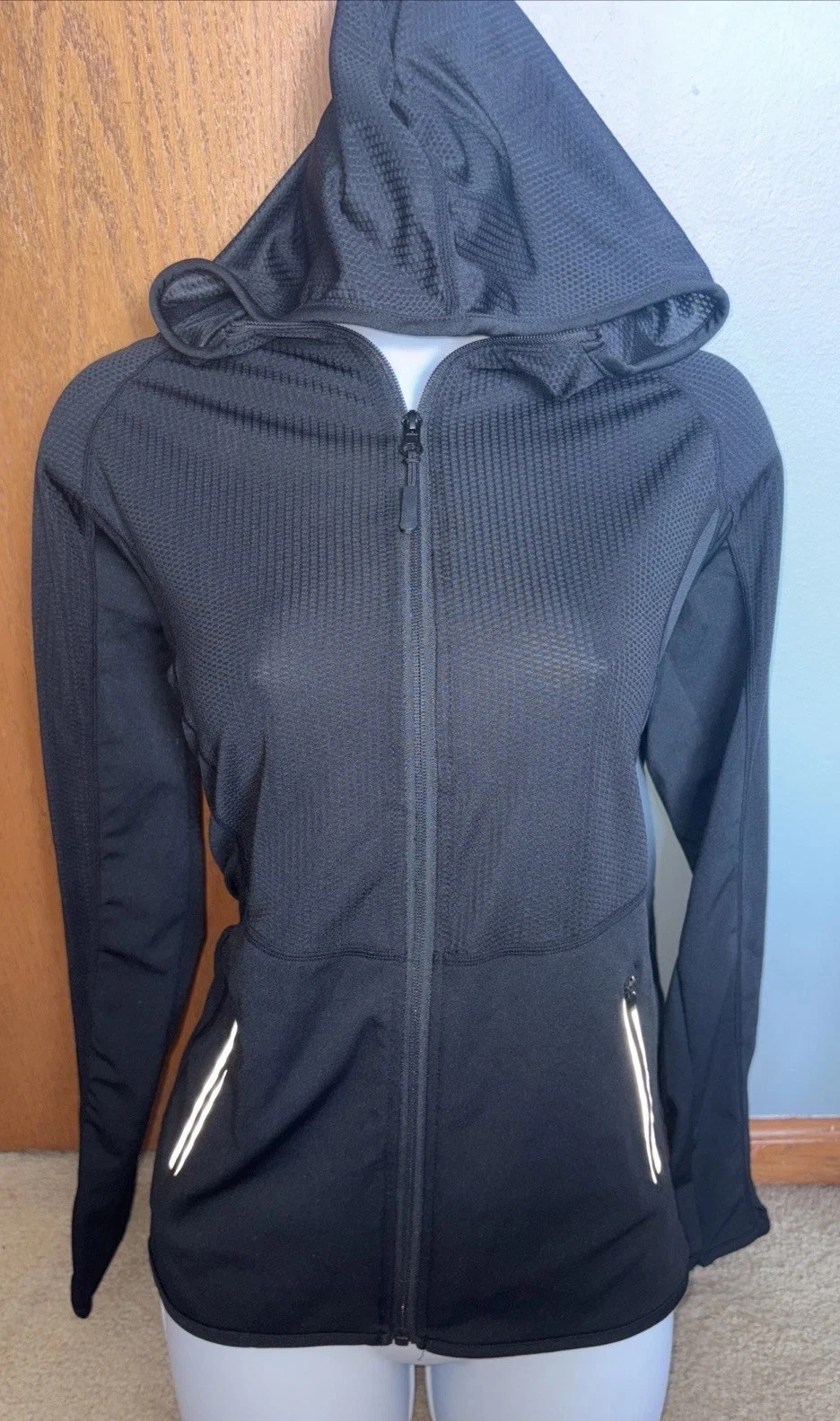 CALI SPORT Womens Black Zip Lightweight Hoodie Jacket Sz Lg Reflective Pockets