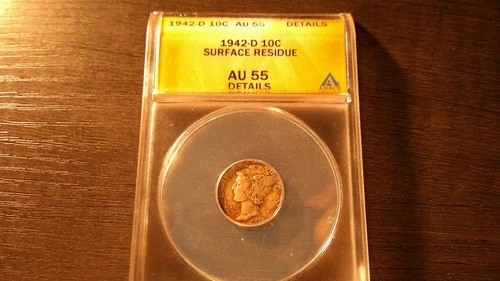 1942 D Mercury Silver Dime AU55 Details ANACS  # DIM