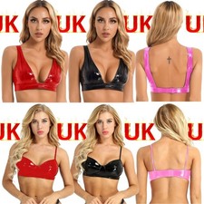 UK Women‘s PU Leather Bra Top Wet Look Lingerie No Pad Bustier Corset Clubwear