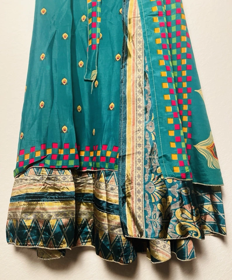 Recycled 100% Silk Maxi Wrap Skirt One Size Floral Emerald Green Gypsy Bohemian - Image 2 of 4