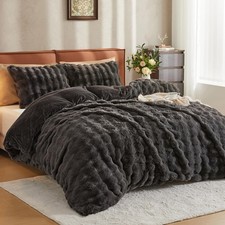 Jellymoni Plush Duvet Cover Set - Dark Gray Faux Fur Comforter Cover 3Pcs