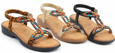 Heavenly Feet Radiant Beaded T-Strap Sandals with Elastic Cushioned Low Wedge 