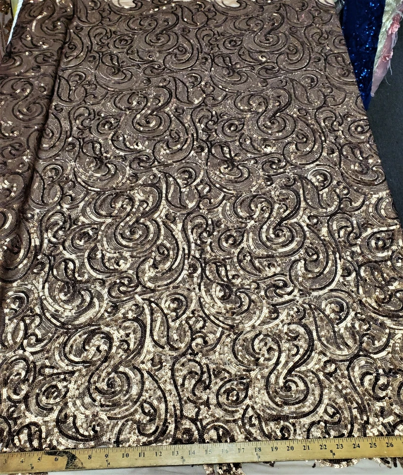 Matte Coffee Curly Sequin Fabric on Poly Mesh "The Spiral Sequin" - BTY  - Image 3 of 4