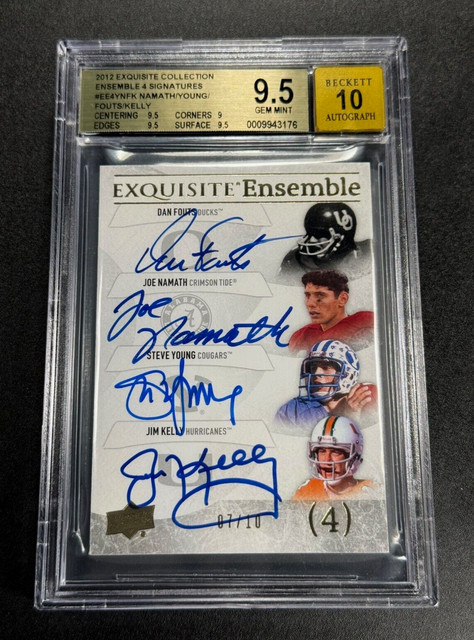 JOE NAMATH STEVE YOUNG JIM KELLY DAN FOUTS EXQUISITE QUAD AUTO #D /10 BGS 9.5 10