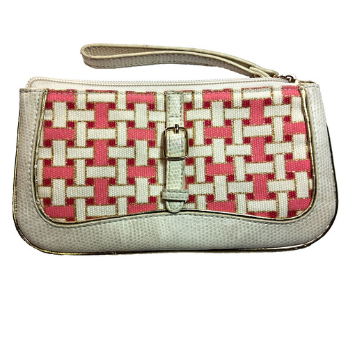 Joan Rivers Wristlet Purse 8 in-Pink Ivory Buckle Gift  Makeup Bag Cosmetic