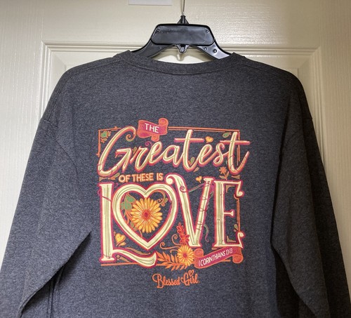 Blessed Girl Womens Long Sleeve Christian T-Shirt Love I Cor 13 Gray M NEW NWOT - Picture 11 of 13