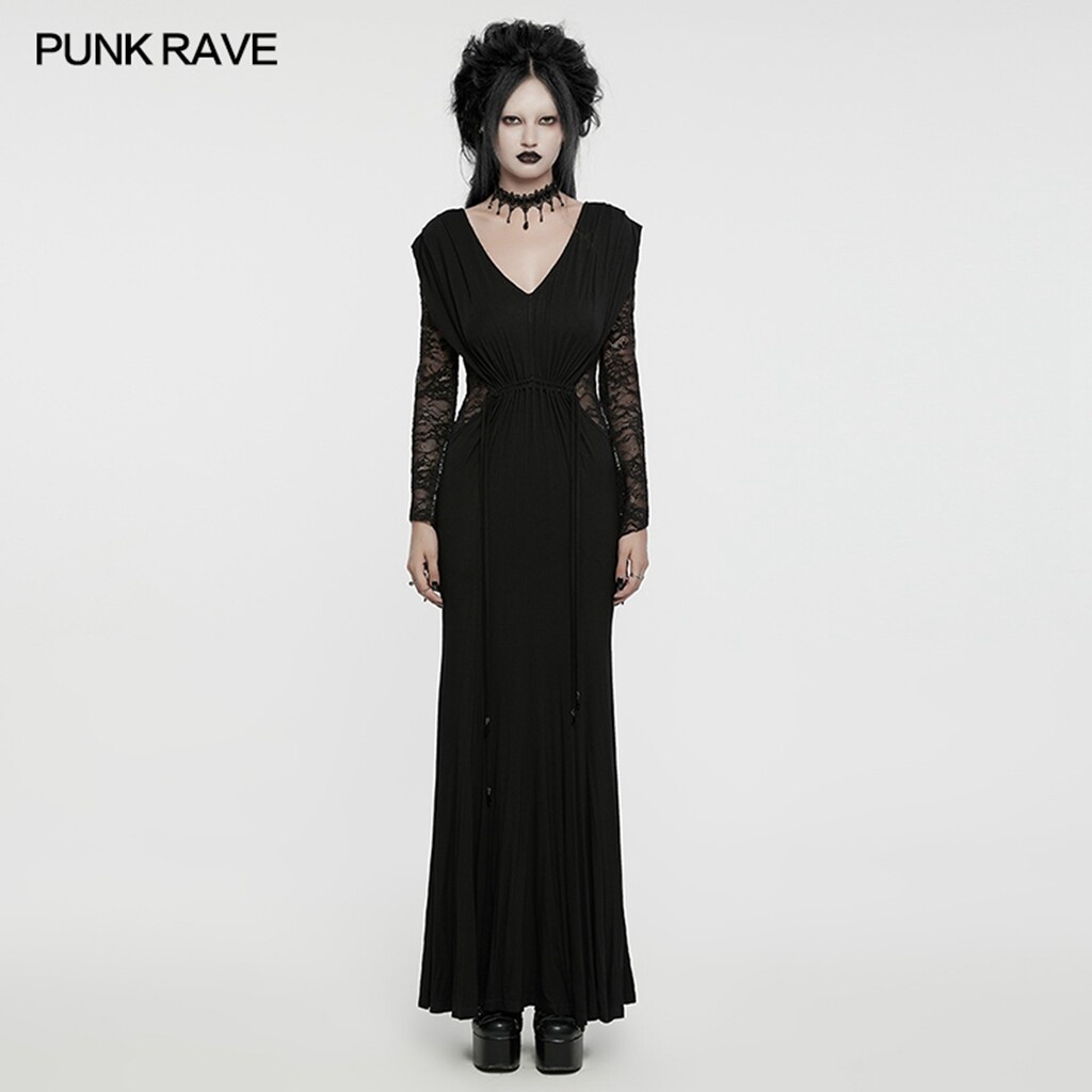 Punk Rave Women Black V Neck Gothic Lace Hollow Long Sleeve Formal Slim Dress