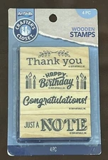 NEW Art Skills Crafters Closet 4 Wooden Stamps thank you happy birthday