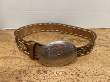 Vintage Nocona Belt Co Kids Genuine Leather Tooled Belt 22 W/ Buckle “Jenny”