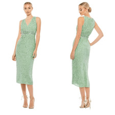 Mac Duggal SEQUINED SLEEVELESS V-NECK MIDI SHEATH DRESS Sz 2