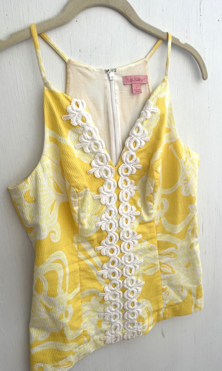 LILLY PULITZER Magnolia Yellow Floral V Neck Top Embroidered Applique Size 2 View 2