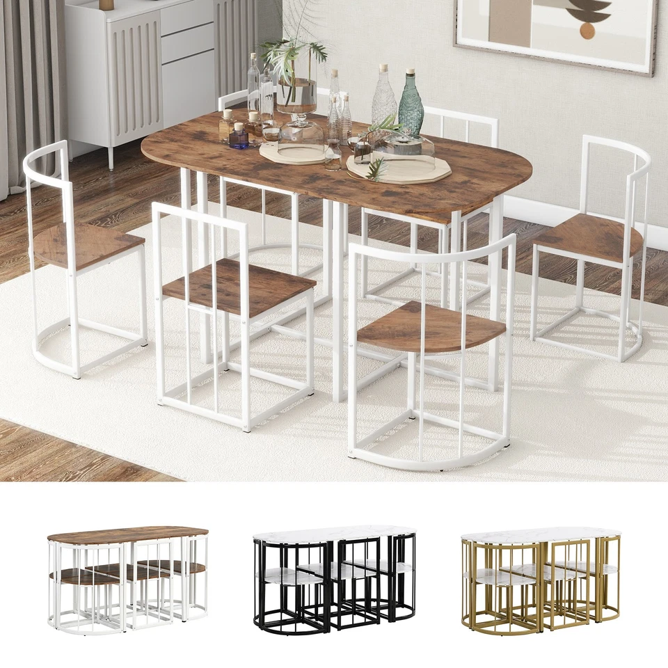 7-Piece Compact Dining Table Set with Faux Marble Kitchen Table & 6 Side Chairs - Image 2 of 2