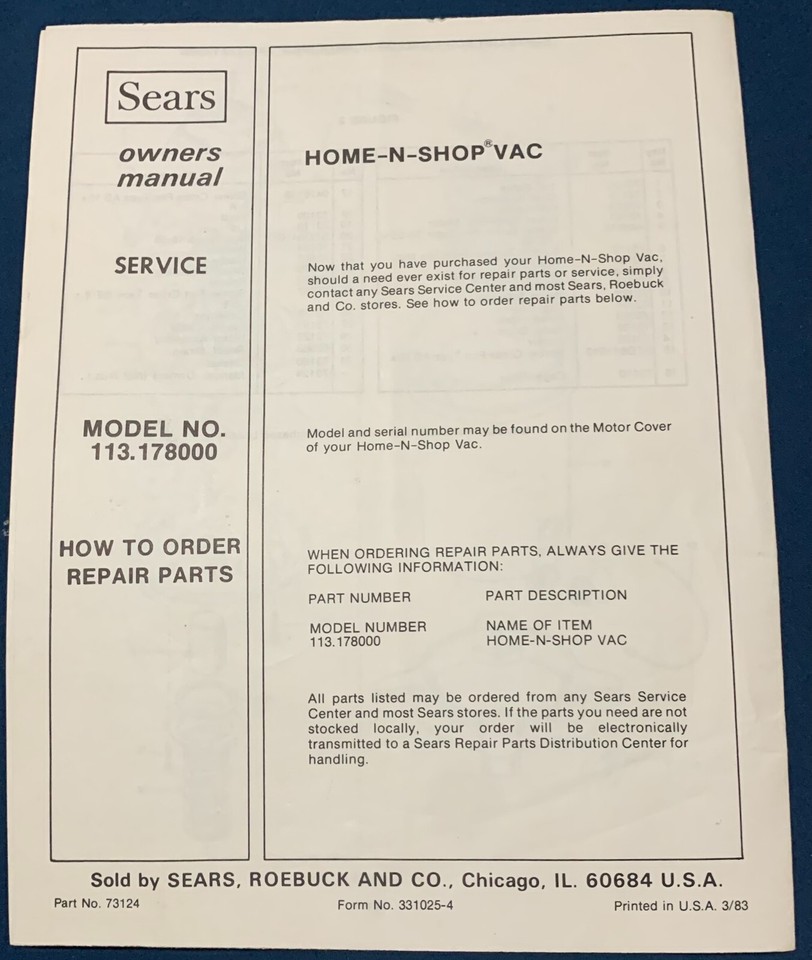 Sears 8 Gallon Home N Shop Vac Wet and Dry Pick Up Owners Manual Model