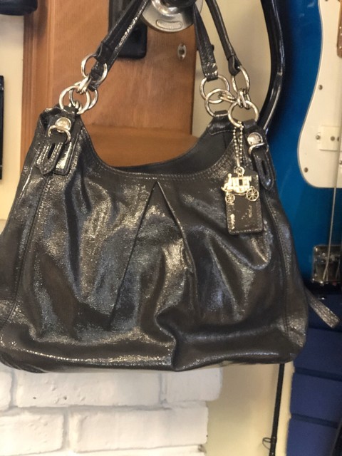 gray patent leather purse