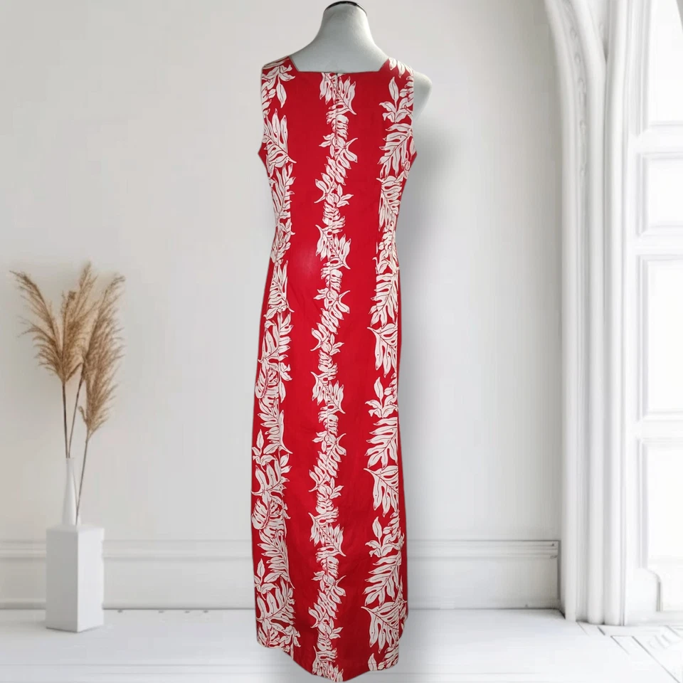 Vintage Royal Creations Maxi Sheath Dress Size M Red Leaf Print Square Neck Slit - Image 4 of 4
