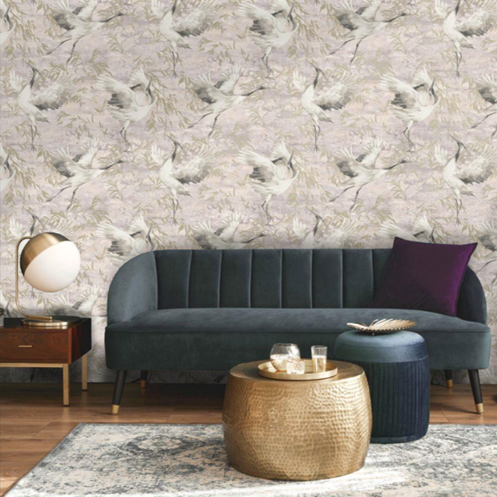 Pink Cranes Wallpaper Textured Gold Metallic Shimmer Vinyl Heavy Weight Feature