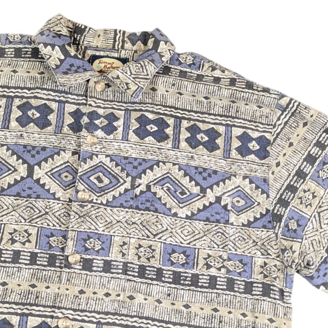 Tommy Bahama Mens M Blue Tan Tribal Geometric Short Sleeve Button Down Shirt