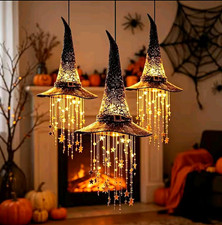 Halloween Hanging Witch Hat LED String Lights, Warm White Star Strands, Black WW