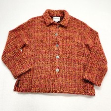 Chico's Boucle Tweed Jacket Womens Size 2 L Orange Pink Wool Blend Button Front