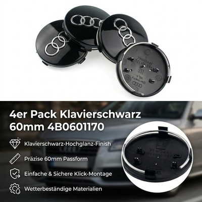 4pcs 60MM Allufelge 4B0601170 Schwarz Nabenkappen Nabendeckel Felgendeckel