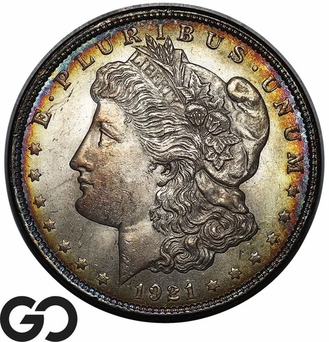 1921 Morgan Silver Dollar Coin, Gorgeous Color, Solid Gem BU++