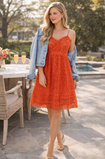 J.Crew Orange Lace Fit & Flare Dress Size 8 Eyelet Floral Spaghetti Strap