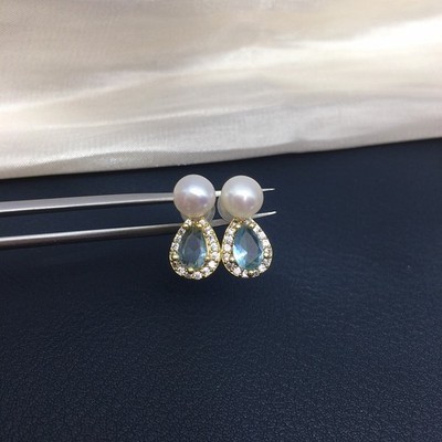 Water Drop Natural Freshwater Pearl Stud Earrings with Aquamarine & Micro Paved