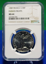 1989 France 100 Francs, Human Rights, 0.4340 ozt ASW .900 Silver