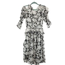 Joie Silk Dress Womens Medium Alpheus Floral Embroidered Ruffled White Black
