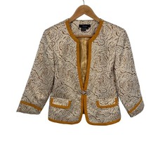 Tasia Patterned Brocade Formal Jacket Rhinestone Clasp Womens 8 Gold White