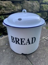 Classic White & Blue Round Enamel Bread Crock / Bread Bin