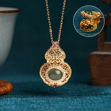 Gold Plated Natural Hetian Jade Nephrite Gourd Ruyi Hollow Pendant Necklace