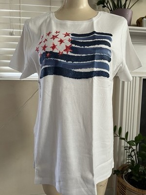 NWT croft Barrow Womens LARGE White American Flag Short Sleeve Top $20