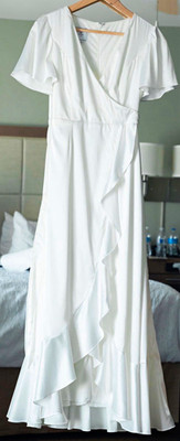 David's Bridal White V-Neck Short Sleeve A-Line Full-Length Ruched Dress 2