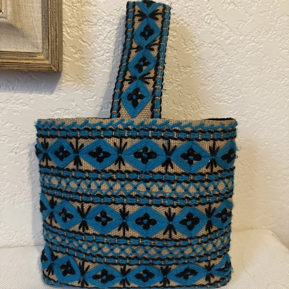 Bolso de Mano Vintage Años 60 70 Hecho a Mano Boho Bordado Turquesa Tejido Étnico Foto 4 de 4
