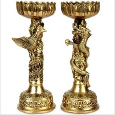1pair 17.8cm Chinese Handmade Carving Brass Dragon Phoenix Candlestick Decor