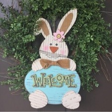 Rustic Wooden Bunny Welcome Sign Spring Easter Farmhouse Decor Holdling Blue Egg